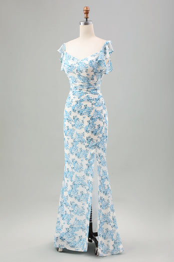 White Blue Flower Mermaid Long Wedding Guest Dress with Slit