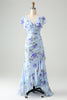 Load image into Gallery viewer, Blue Floral A Line Ruffles Asymmetrical Wedding Guest Dress