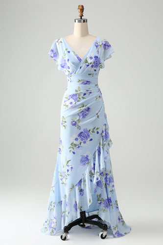 Blue Floral A Line Ruffles Asymmetrical Wedding Guest Dress
