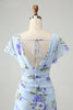 Load image into Gallery viewer, Blue Floral A Line Ruffles Asymmetrical Wedding Guest Dress