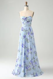 Blue Floral A Line Sweetheart Strapless Pleated Long Wedding Guest Dress