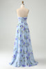 Load image into Gallery viewer, Blue Floral A Line Sweetheart Strapless Pleated Long Wedding Guest Dress