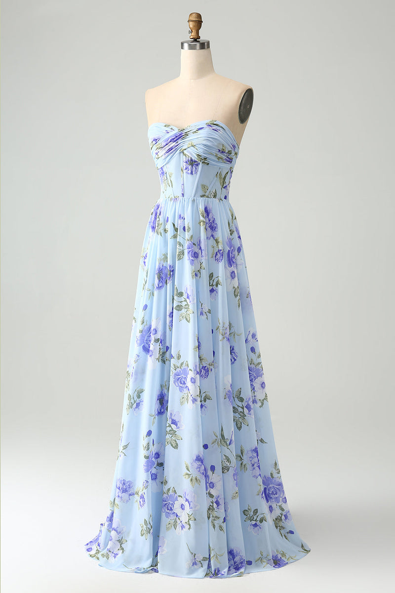 Load image into Gallery viewer, Blue Floral A Line Sweetheart Strapless Pleated Long Wedding Guest Dress