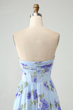 Blue Floral A Line Sweetheart Strapless Pleated Long Wedding Guest Dress