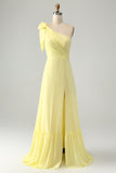 Yellow A Line One Shoulder Long Wedding Party Guest Dress with Slit