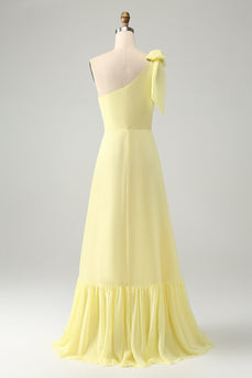 A Line One Shoulder Yellow Long Wedding Guest Dress with Slit