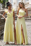 Yellow A Line One Shoulder Long Wedding Party Guest Dress with Slit