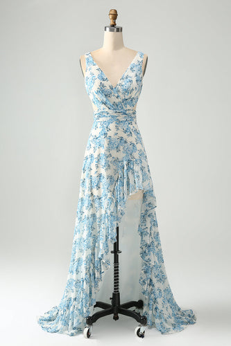 White Blue Flower A Line Ruffled High-Low Wedding Guest Dress