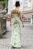 Green Large Flower Mermaid Corset Print Maxi Wedding Party Guest Dress