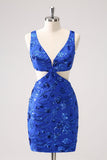 Sparkly Royal Blue Bodycon Cut Out Cocktail Dress with Beading