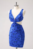 Sparkly Royal Blue Bodycon Cut Out Cocktail Dress with Beading