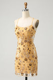 Glitter Yellow Sequined Embroidery Tight Cocktail Dress with Beading