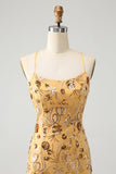 Glitter Yellow Sequined Embroidery Tight Cocktail Dress with Beading