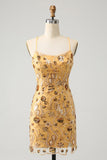 Glitter Yellow Sequined Embroidery Tight Cocktail Dress with Beading