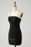 Glitter Black Spaghetti Straps Tight Cocktail Dress with Sequins