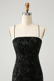 Glitter Black Spaghetti Straps Tight Cocktail Dress with Sequins