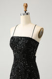 Glitter Black Spaghetti Straps Tight Cocktail Dress with Sequins