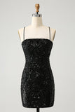 Glitter Black Spaghetti Straps Tight Cocktail Dress with Sequins