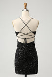 Glitter Black Spaghetti Straps Tight Cocktail Dress with Sequins