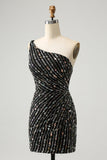 Glitter Black One Shouder Tight Cocktail Dress with Beading