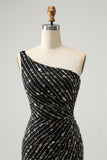 Glitter Black One Shouder Tight Cocktail Dress with Beading