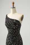 Glitter Black One Shouder Tight Cocktail Dress with Beading