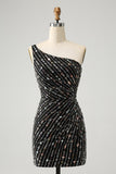 Glitter Black One Shouder Tight Cocktail Dress with Beading