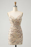 Glitter Champagne Spaghetti Straps Tight Cocktail Dress with Sequins