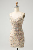 Glitter Champagne Spaghetti Straps Tight Cocktail Dress with Sequins