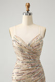 Glitter Champagne Spaghetti Straps Tight Cocktail Dress with Sequins