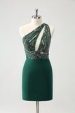 Glitter Dark Green Tight One Shoulder Cut-Out Cocktail Dress