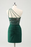 Glitter Dark Green Tight One Shoulder Cut-Out Cocktail Dress