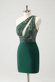 Glitter Dark Green Tight One Shoulder Cut-Out Cocktail Dress