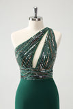 Glitter Dark Green Tight One Shoulder Cut-Out Cocktail Dress