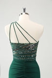 Glitter Dark Green Tight One Shoulder Cut-Out Cocktail Dress