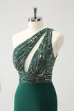 Glitter Dark Green Tight One Shoulder Cut-Out Cocktail Dress