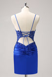 Sparkly Royal Blue Sequined Tight Short Cocktail Dress With Lace Up Back