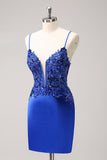 Sparkly Royal Blue Sequined Tight Short Cocktail Dress With Lace Up Back