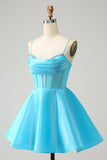 Cute Glitter Blue A-Line Spaghetti Straps Corset Cocktail Dress with Beading