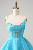 Cute Glitter Blue A-Line Spaghetti Straps Corset Cocktail Dress with Beading