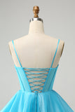 Cute Glitter Blue A-Line Spaghetti Straps Corset Cocktail Dress with Beading