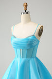 Cute Glitter Blue A-Line Spaghetti Straps Corset Cocktail Dress with Beading