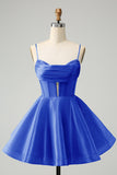 Cute Glitter Blue A-Line Spaghetti Straps Corset Cocktail Dress with Beading