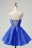 Cute Glitter Blue A-Line Spaghetti Straps Corset Cocktail Dress with Beading