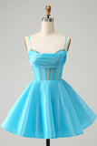 Cute Glitter Blue A-Line Spaghetti Straps Corset Cocktail Dress with Beading