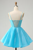 Cute Glitter Blue A-Line Spaghetti Straps Corset Cocktail Dress with Beading