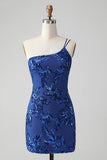 Sparkly Bodycon Royal Blue One Shoulder Sequins Cocktail Dress with Embroidery