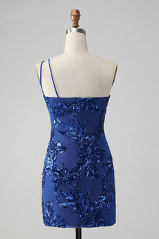Sparkly Bodycon Royal Blue One Shoulder Sequins Cocktail Dress with Embroidery