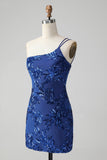 Sparkly Bodycon Royal Blue One Shoulder Sequins Cocktail Dress with Embroidery