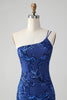 Load image into Gallery viewer, Sparkly Bodycon Royal Blue One Shoulder Sequins Cocktail Dress with Embroidery